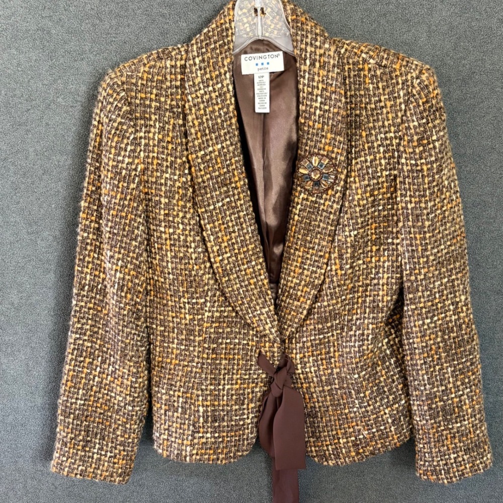 Covington Blazer Women 12P Brown Tweed Tie Front Brooch Petite Jacket Shawl